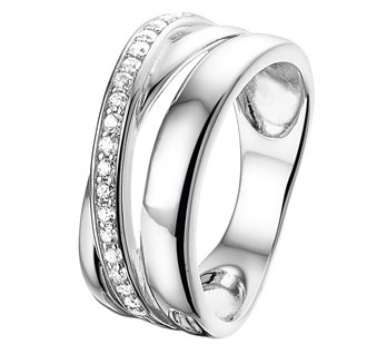 Zilveren brede damesring met zirkonia steentjes.