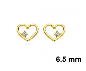 Gouden oorknoppen hartjes + zirkonia 6,5 mm