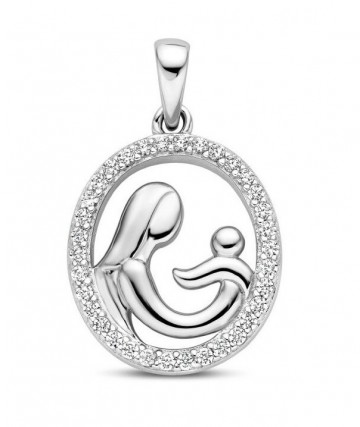 Zilveren moeder + kind hanger, geboorte baby zirkonia.