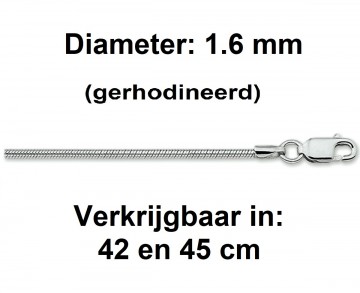 Zilveren Slang collier 1.6 mm - 42- 45cm (gerhodineerd)