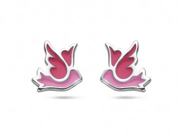 Zilveren vogeltjes oorbellen roze